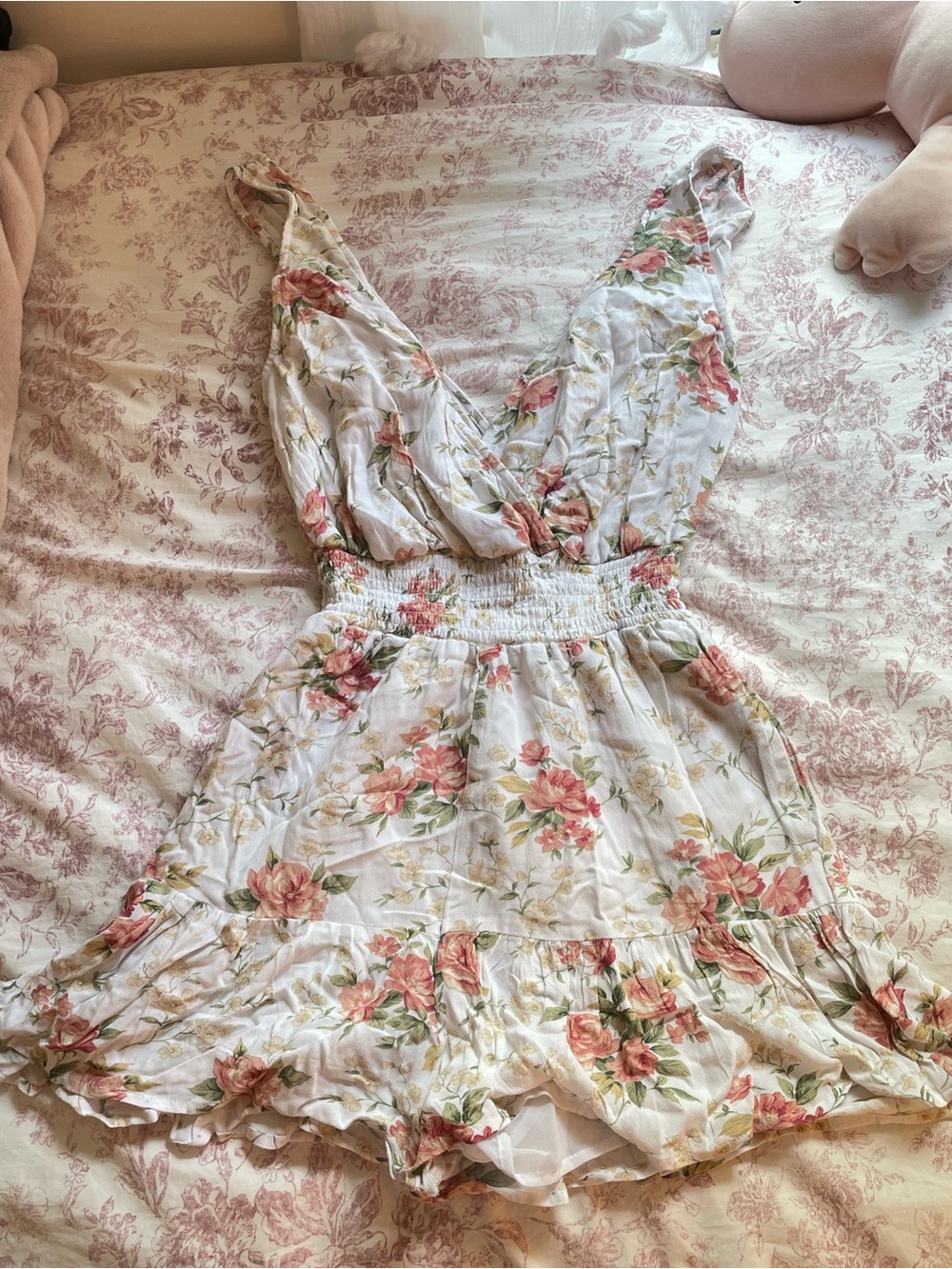 American Eagle Outfitters White Floral Wrap Romper with Pink Roses